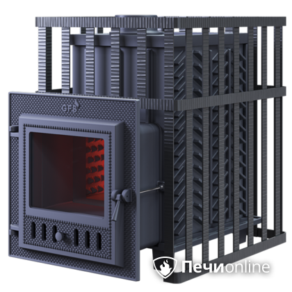 Дровяная банная печь Гефест ЗК в сетке-18 (М) чугунная дверца со стеклом, запатентованная каменка сетка в Новокузнецке